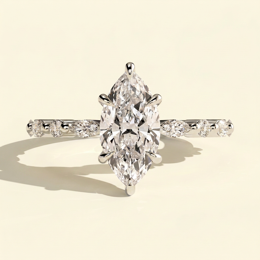 The Alina - Marquise Lab Diamond Solitaire with Marquise and Round Accent Stones Engagement Ring - White Gold