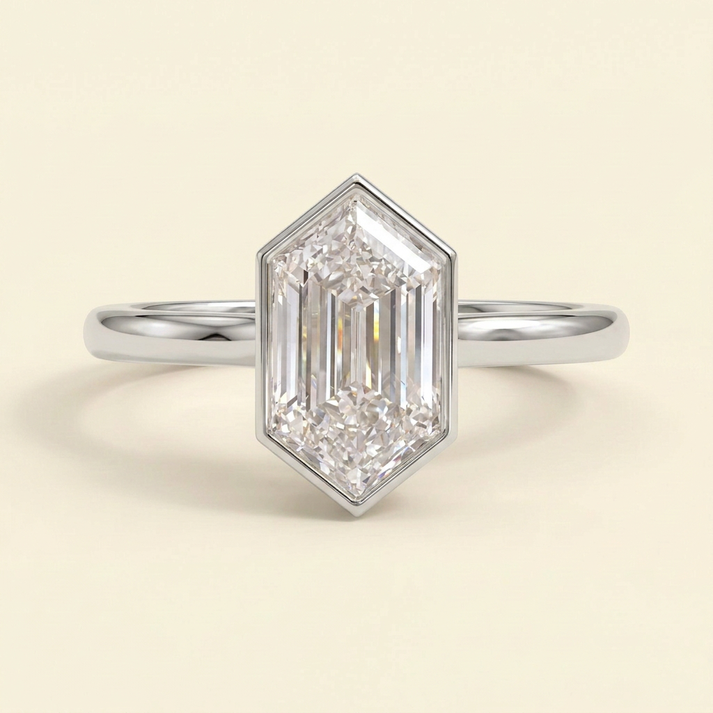 The Reina - Elongated Hexagon Cut Lab Grown Diamond Solitaire Ring with Bezel Hidden Halo