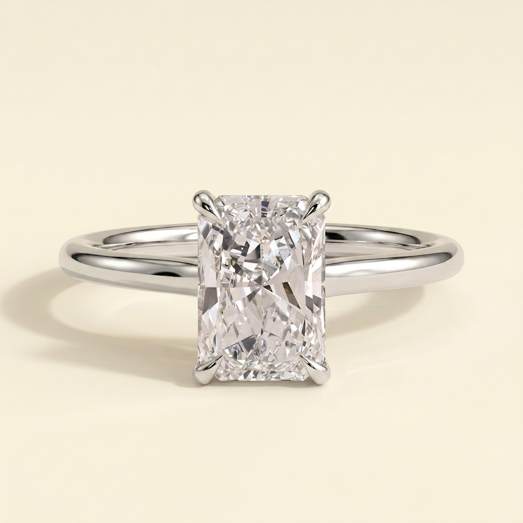 The Izar - Radiant Cut Lab Grown Diamond Four Claw Solitaire with Hidden Halo and Cathedral High Setting Engagement Ring
