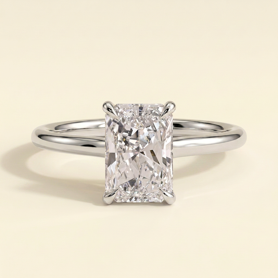 The Izar - Radiant Cut Lab Grown Diamond Four Claw Solitaire with Hidden Halo and Cathedral High Setting Engagement Ring - White Gold