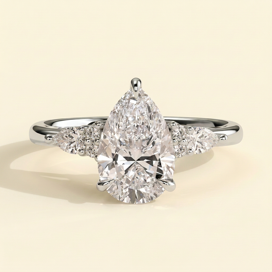 The Ilona - Pear Cut Lab Grown Diamond Three Claw Tulip Gallery Solitaire with Pear and Round Shoulder Stones Engagement Ring - White Gold