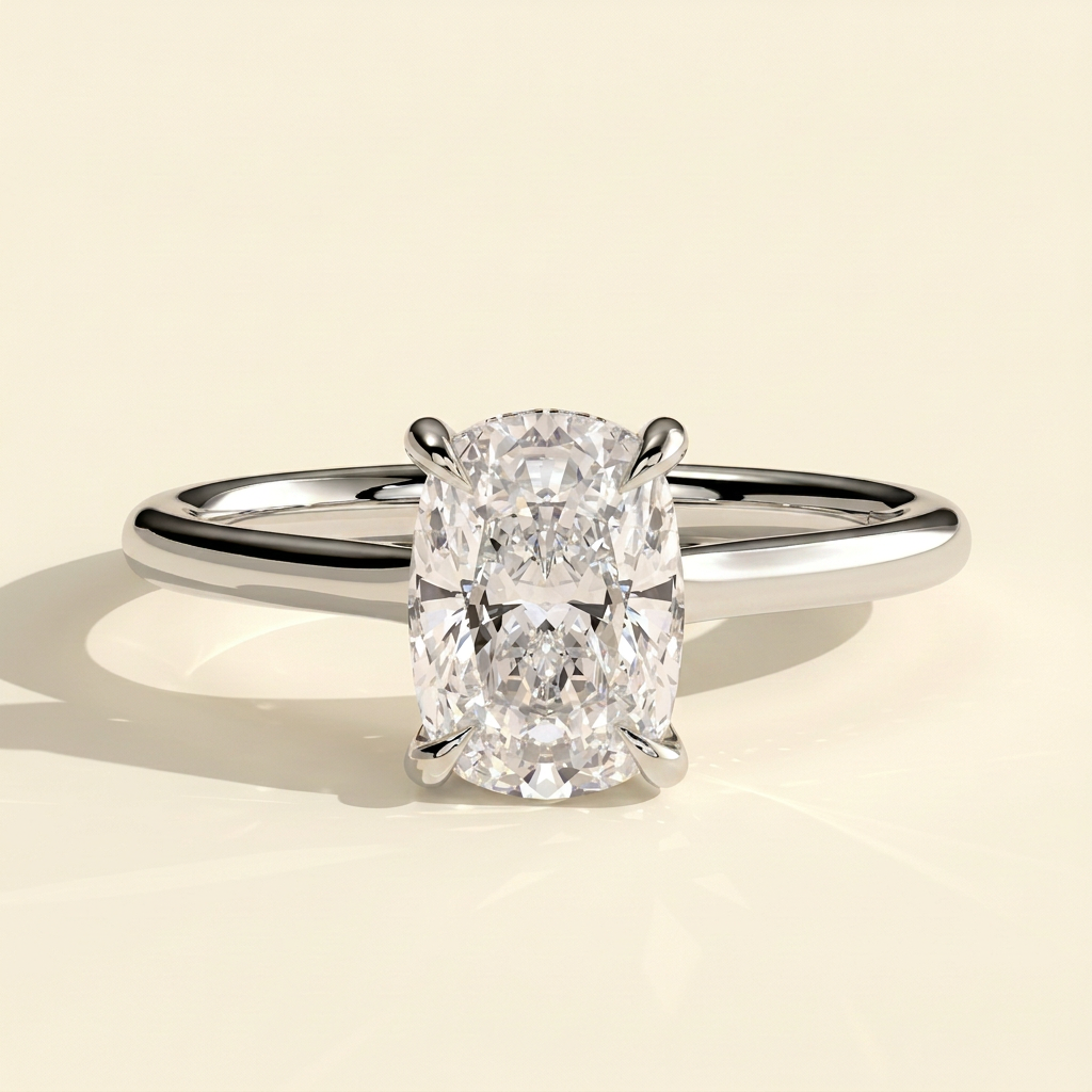 The Blythe - Elongated Cushion Cut Lab Grown Diamond Four Claw Solitaire with Hidden Halo and Cathedral High Setting Engagement Ring