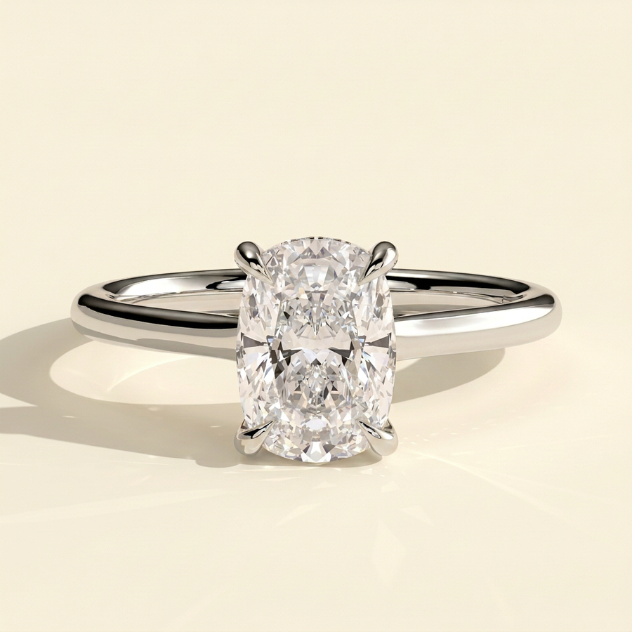 The Blythe - Elongated Cushion Cut Lab Grown Diamond Four Claw Solitaire with Hidden Halo and Cathedral High Setting Engagement Ring - White Gold