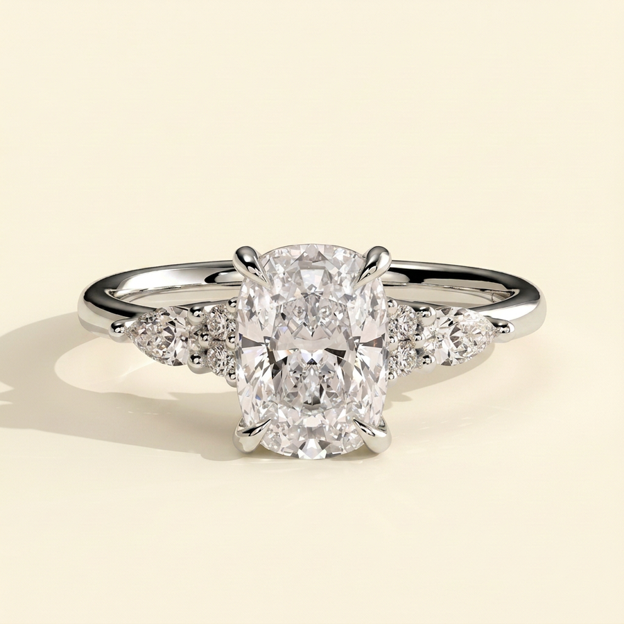 The Verelle - Elongated Cushion Cut Lab Grown Diamond Three Stone Engagement Ring with Pear and Round Side Stones - White Gold