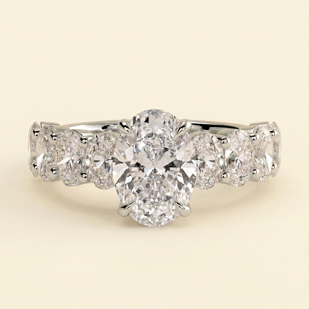 The Tesoro - Oval Cut Lab Grown Diamond Solitaire with Oval Half Eternity Band and Hidden Halo Engagement Ring