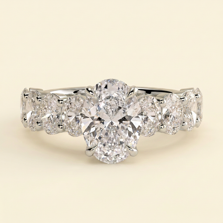 The Tesoro - Oval Cut Lab Grown Diamond Solitaire with Oval Half Eternity Band and Hidden Halo Engagement Ring - White Gold