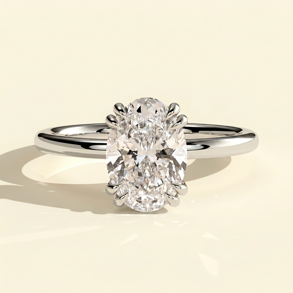 The Onda - Oval Cut Lab Grown Diamond Ring, Double Claws and Hidden Halo