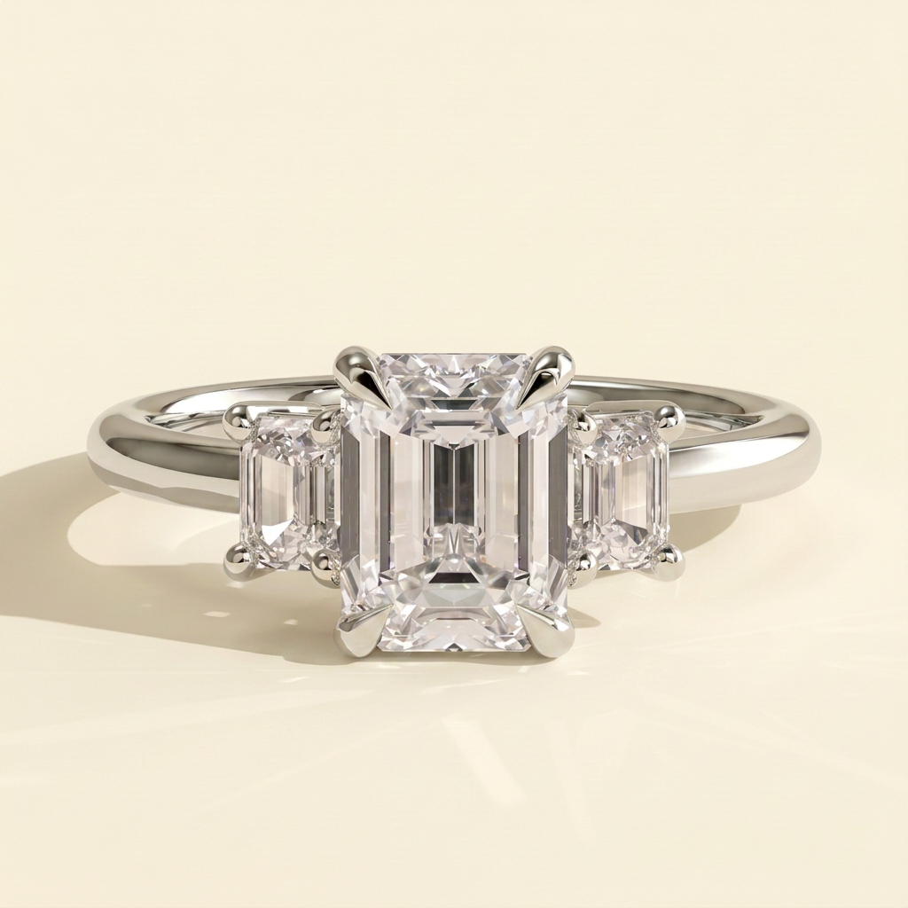 The Miriana - Emerald Cut Lab Grown Diamond Three Stone Engagement Ring with Matching Emerald Side Stones and Low Basket Setting