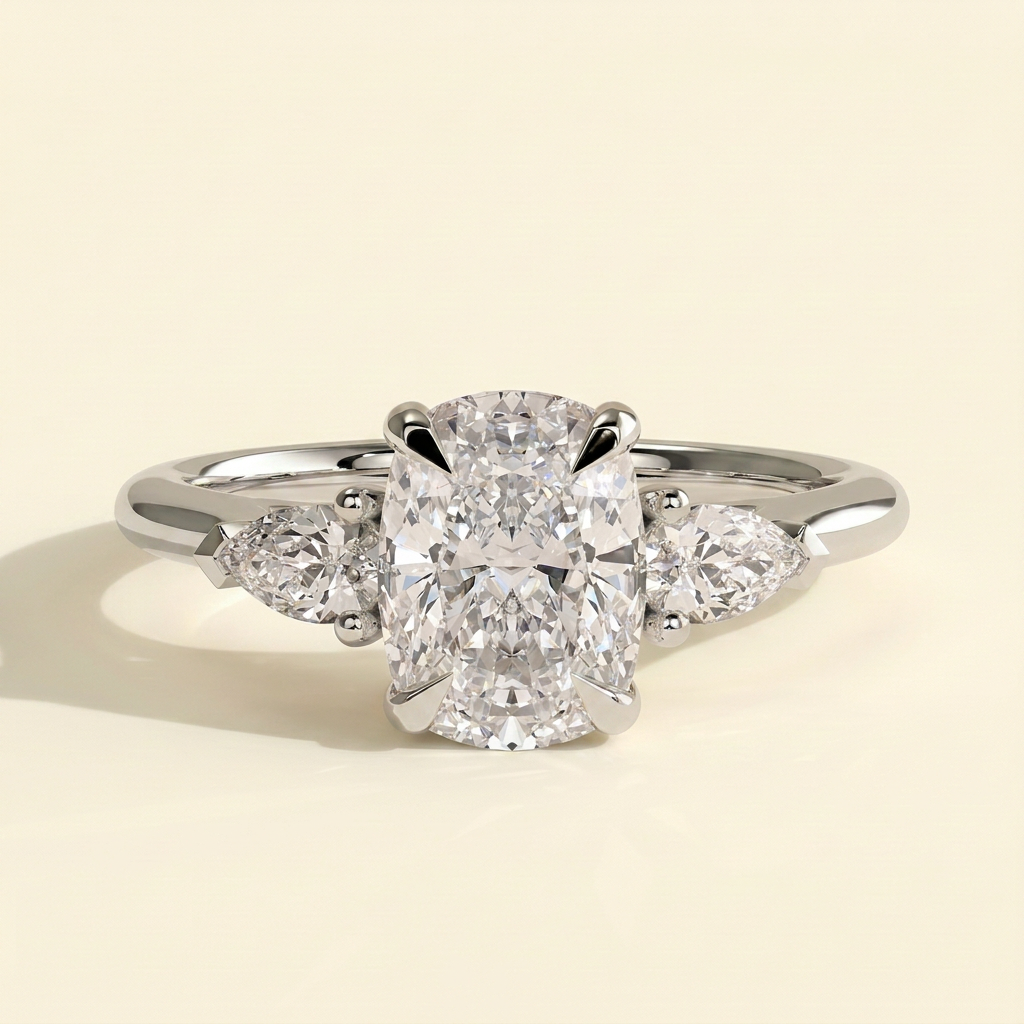 The Anella - Elongated Cushion Lab Grown Diamond Three Stone with Pear Side Stones Engagement Ring