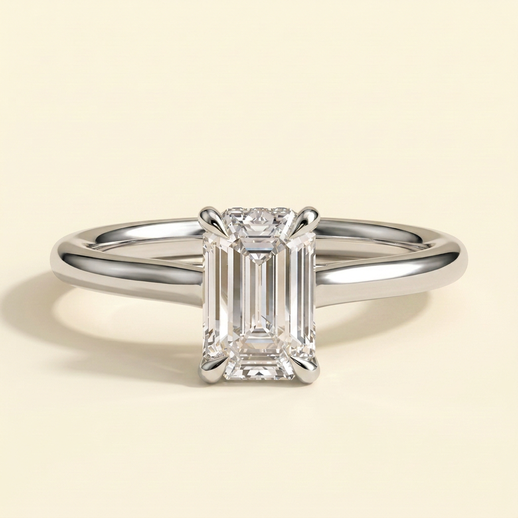 The Giova - Emerald Cut Lab Grown Diamond Four Claw Solitaire with Hidden Halo Engagement Ring