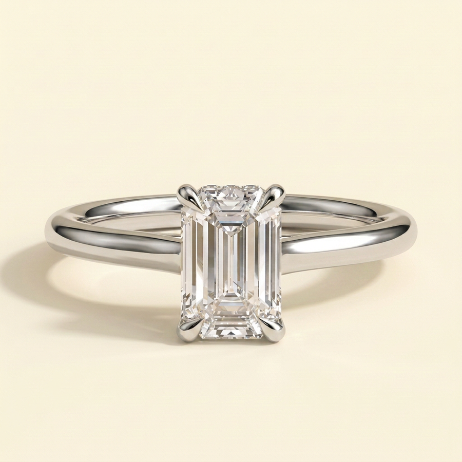 The Giova - Emerald Cut Lab Grown Diamond Four Claw Solitaire with Hidden Halo Engagement Ring - White Gold