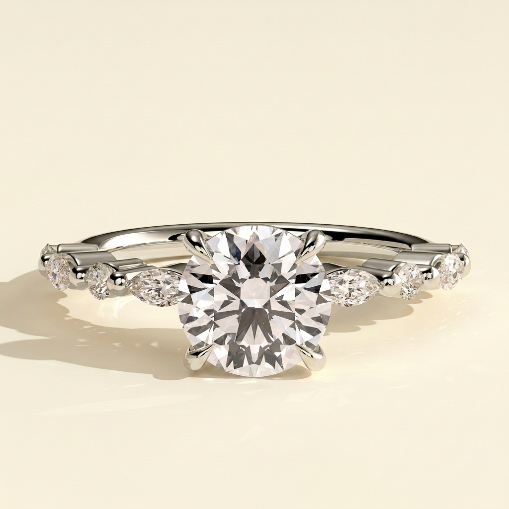 The Larina - Round Cut Lab Grown Diamond Claw Solitaire with Marquise and Round Accent Band Engagement Ring