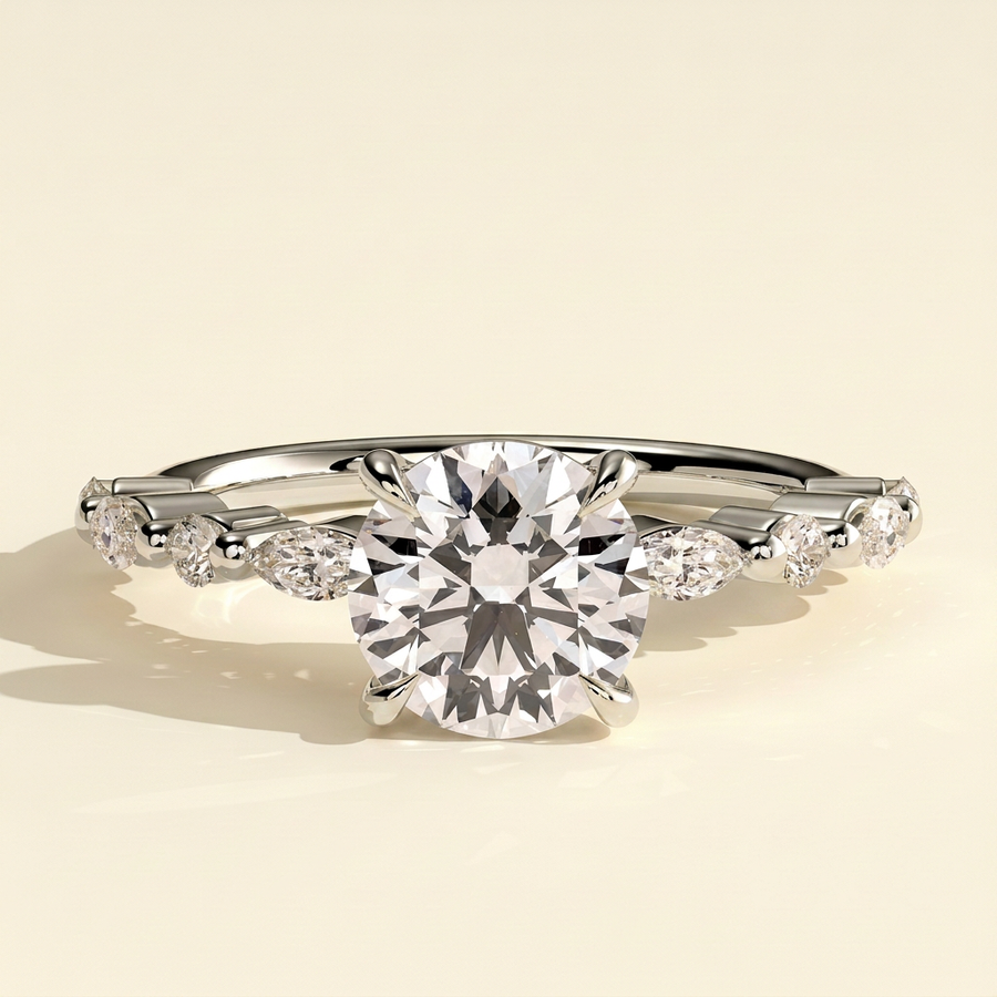The Larina - Round Cut Lab Grown Diamond Claw Solitaire with Marquise and Round Accent Band Engagement Ring - White Gold