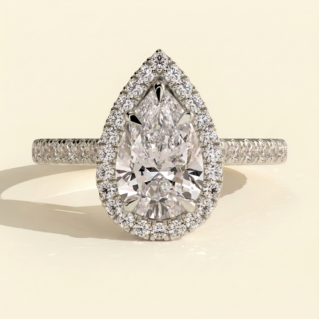 The Ines - Pear Cut Lab Grown Diamond Five Claw Halo with Pave Band Engagement Ring