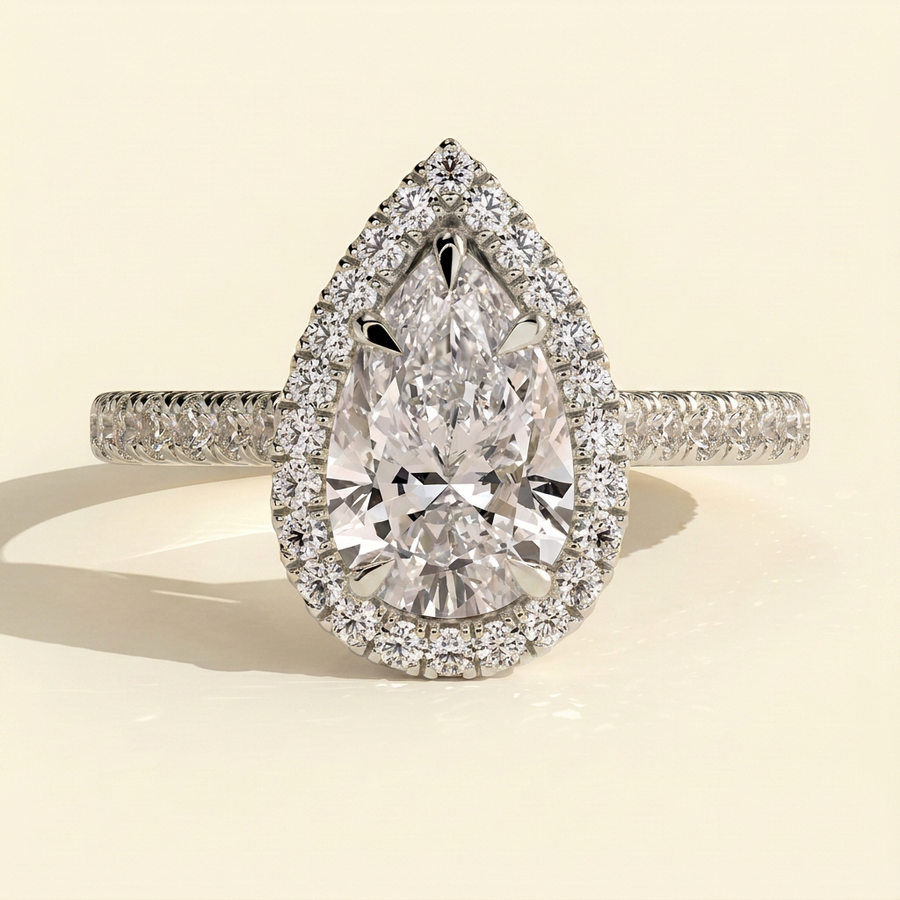The Ines - Pear Cut Lab Grown Diamond Five Claw Halo with Pave Band Engagement Ring - White Gold