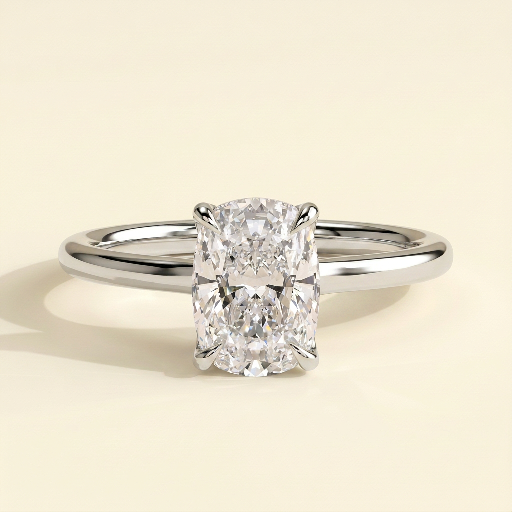 The Celise - Elongated Cushion Cut Lab Grown Diamond Four Claw Solitaire with Petal Gallery and Leaf Detail Engagement Ring