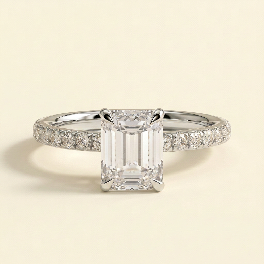 The Livia - Emerald Cut Lab Grown Diamond Solitaire Engagement Ring with Hidden Halo and Pave Band