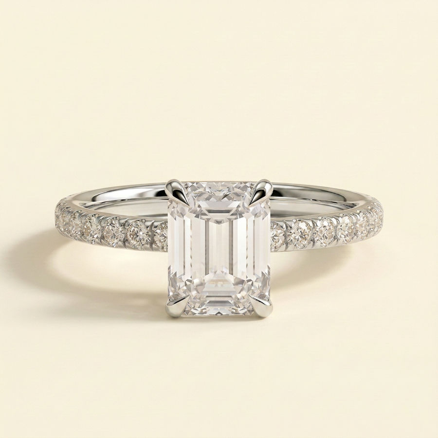 The Livia - Emerald Cut Lab Grown Diamond Solitaire Engagement Ring with Hidden Halo and Pave Band - White Gold