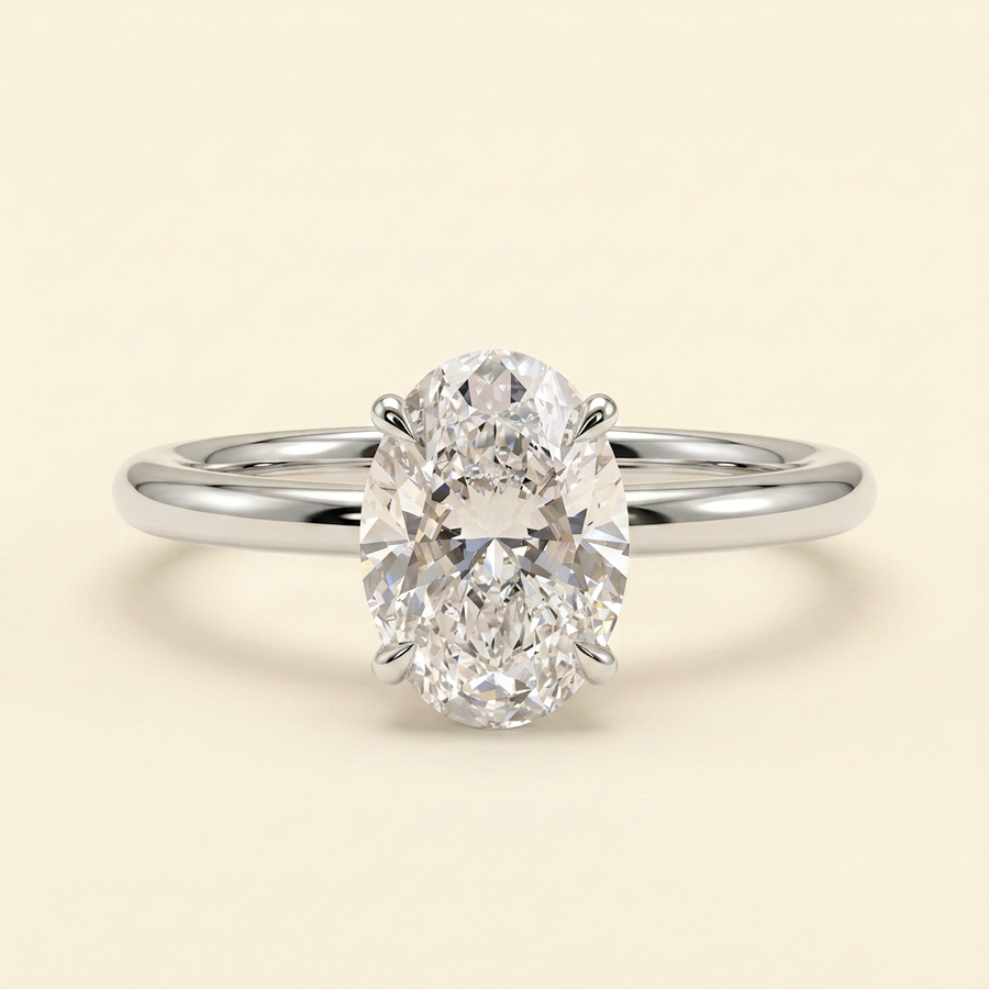 The Oriel - Oval Lab Grown Diamond Solitaire with Wrap Around Hidden Halo Engagement Ring - White Gold