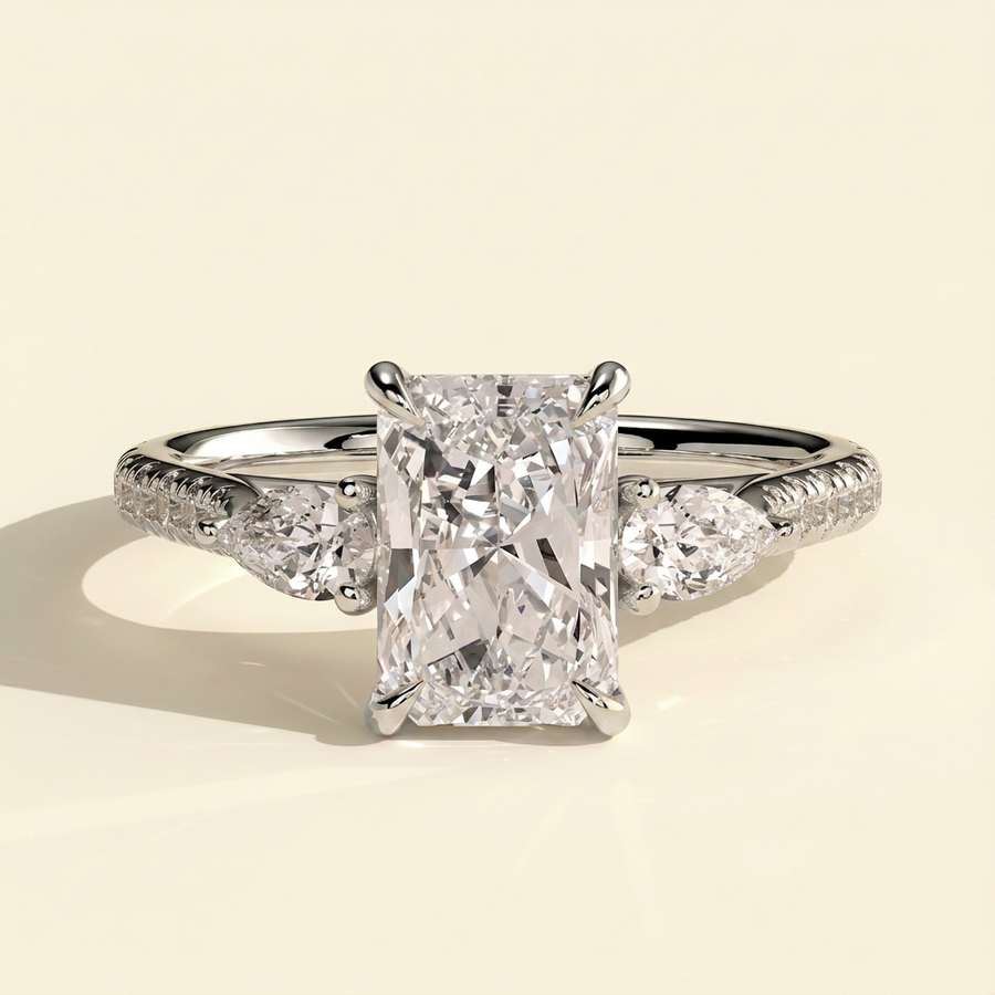 The Riviera - Radiant Cut Lab Grown Diamond Trilogy Ring with Pear Side Stones and Pave Band - White Gold