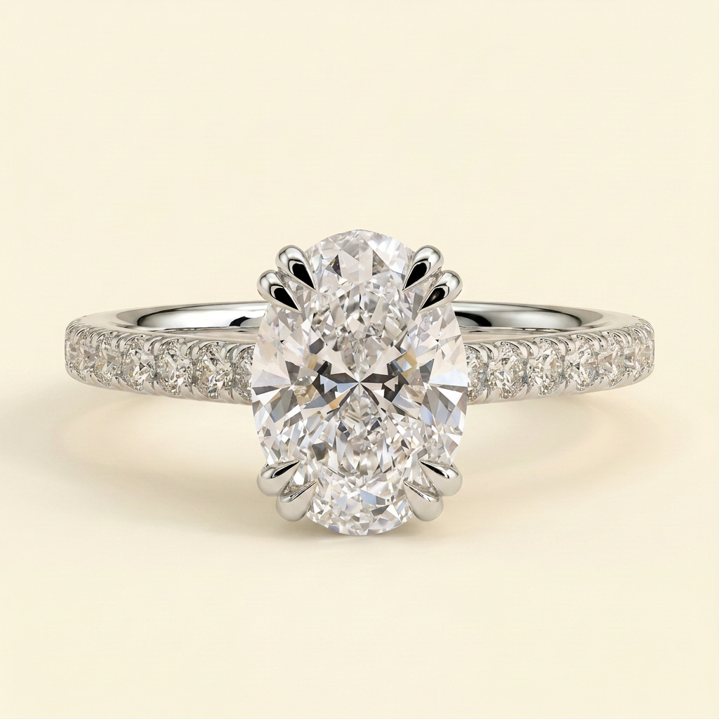 The Arvelle - Oval Cut Lab Grown Diamond Double Claw Solitaire with Hidden Halo and Pave Band Engagement Ring