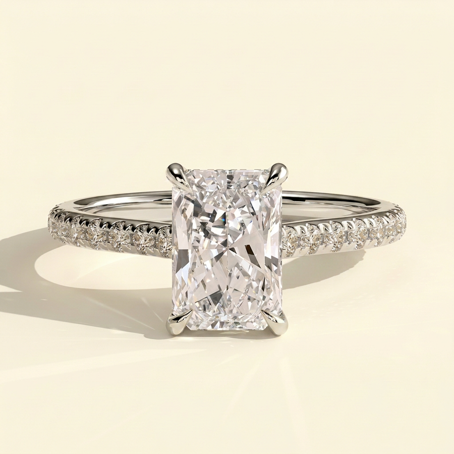 The Della - Radiant Cut Lab Grown Diamond Cathedral Solitaire with Hidden Halo and Pave Band Engagement Ring - White Gold