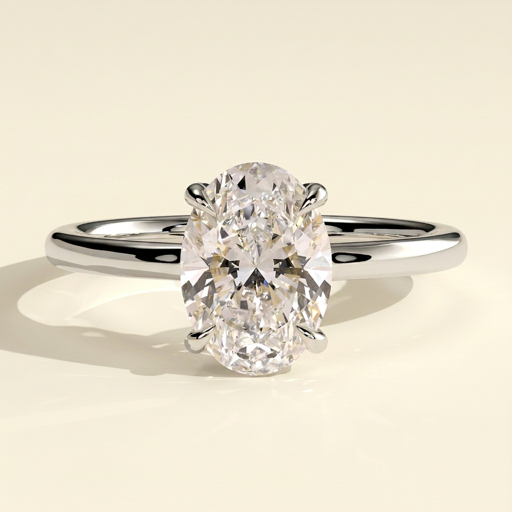 The Cassia - Oval Cut Lab Grown Diamond Solitaire with Hidden Halo and Floating Open Bridge Engagement Ring