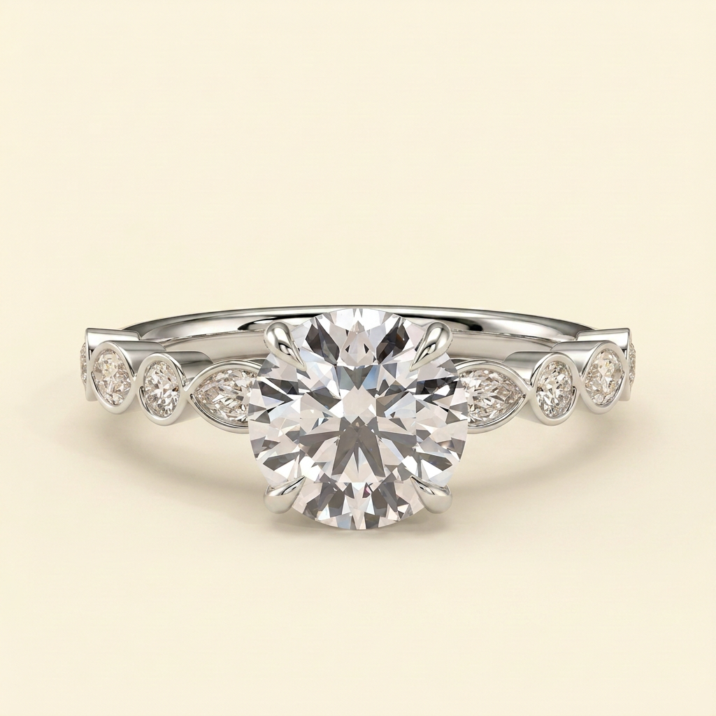 The Evora - Round Lab Diamond Solitaire with Round-Marquise Bezel Accent Stones Ring