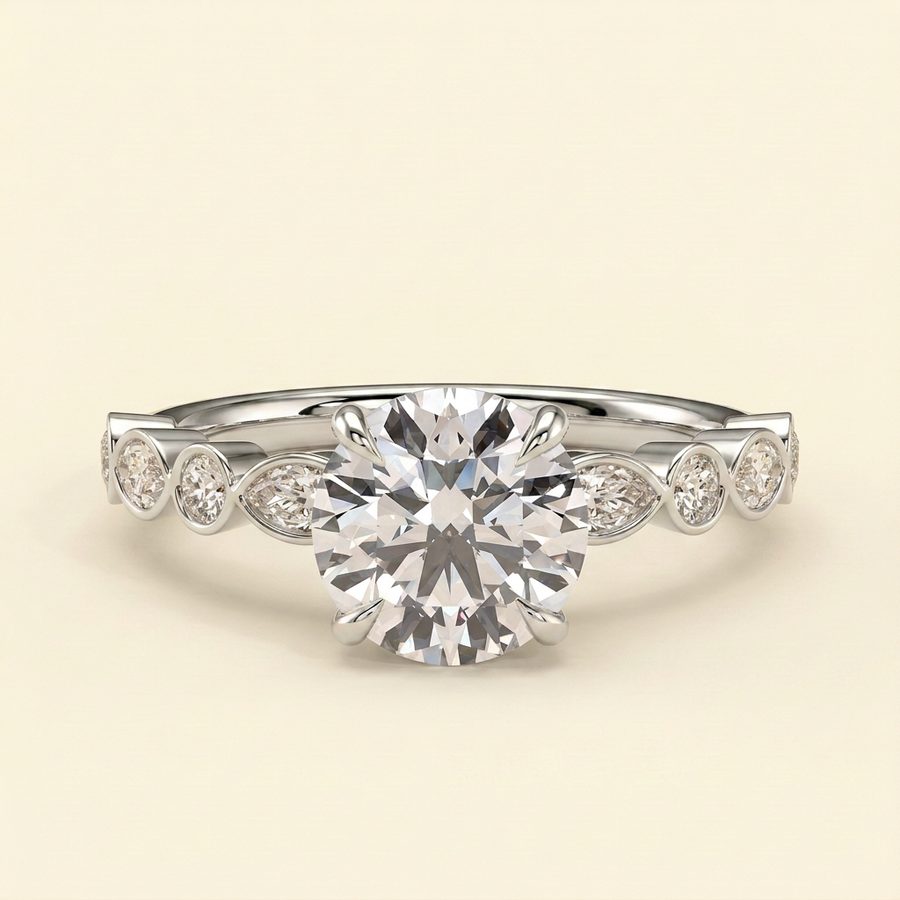 The Evora - Round Lab Diamond Solitaire with Round-Marquise Bezel Accent Stones Ring - White Gold