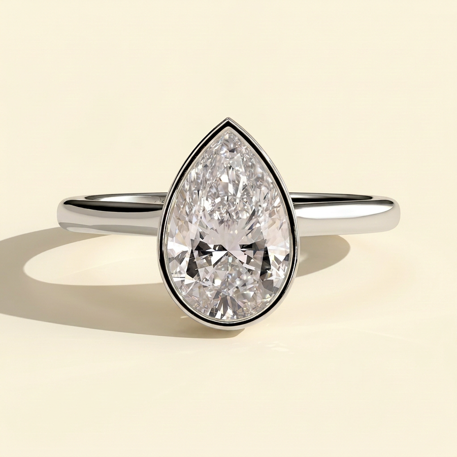 The Viviane - Pear Cut Lab Grown Diamond Deep Bezel Hidden Halo Engagement Ring - White Gold