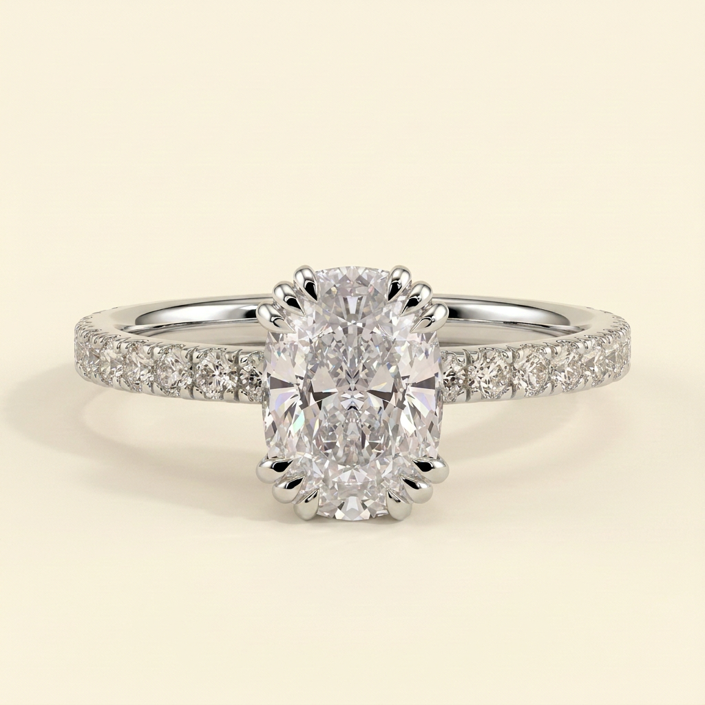 The Sera - Elongated Cushion Cut Lab Grown Diamond Triple Claw Solitaire with Pave Band Engagement Ring