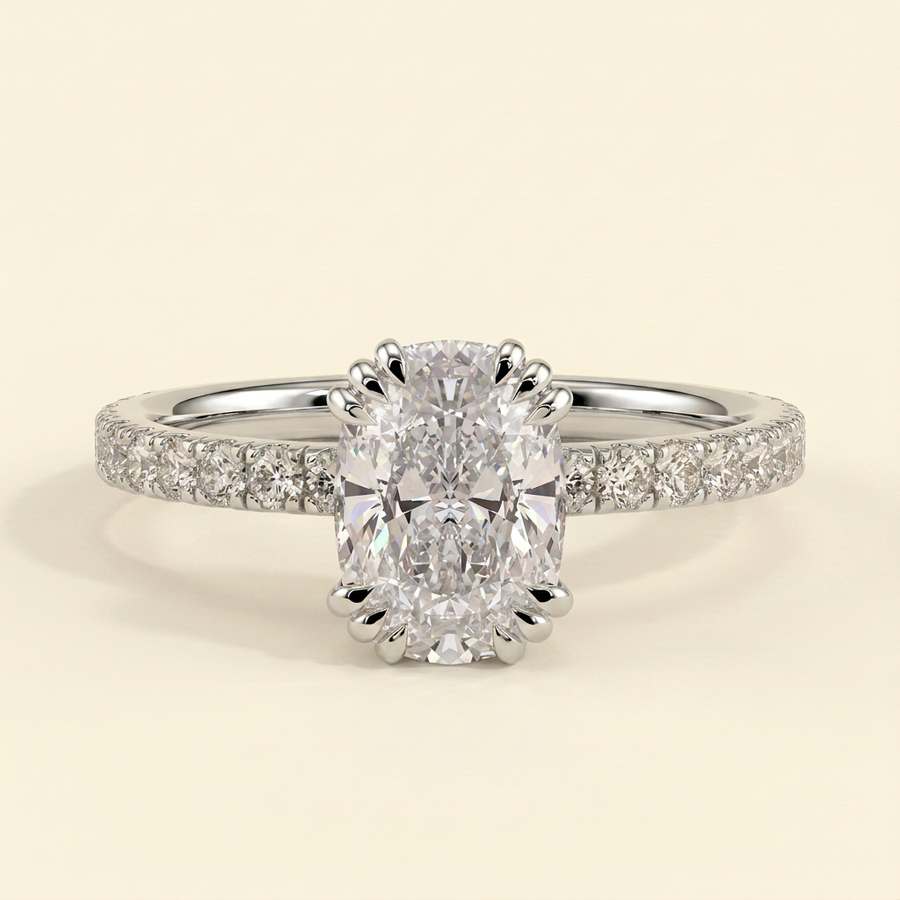 The Sera - Elongated Cushion Cut Lab Grown Diamond Triple Claw Solitaire with Pave Band Engagement Ring - White Gold