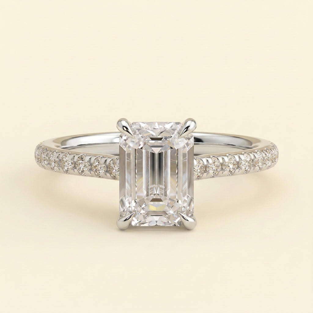 The Tamsin - Emerald Cut Lab Grown Diamond Cathedral Solitaire with Hidden Halo and Pave Band Engagement Ring