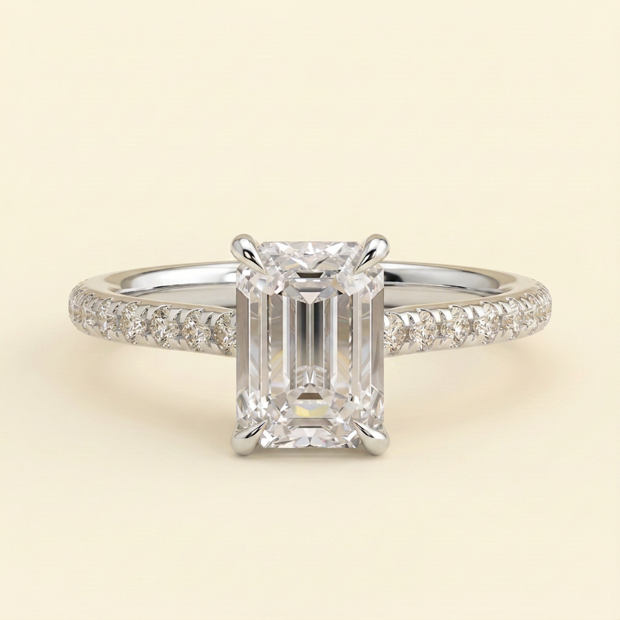 The Tamsin - Emerald Cut Lab Grown Diamond Cathedral Solitaire with Hidden Halo and Pave Band Engagement Ring - White Gold