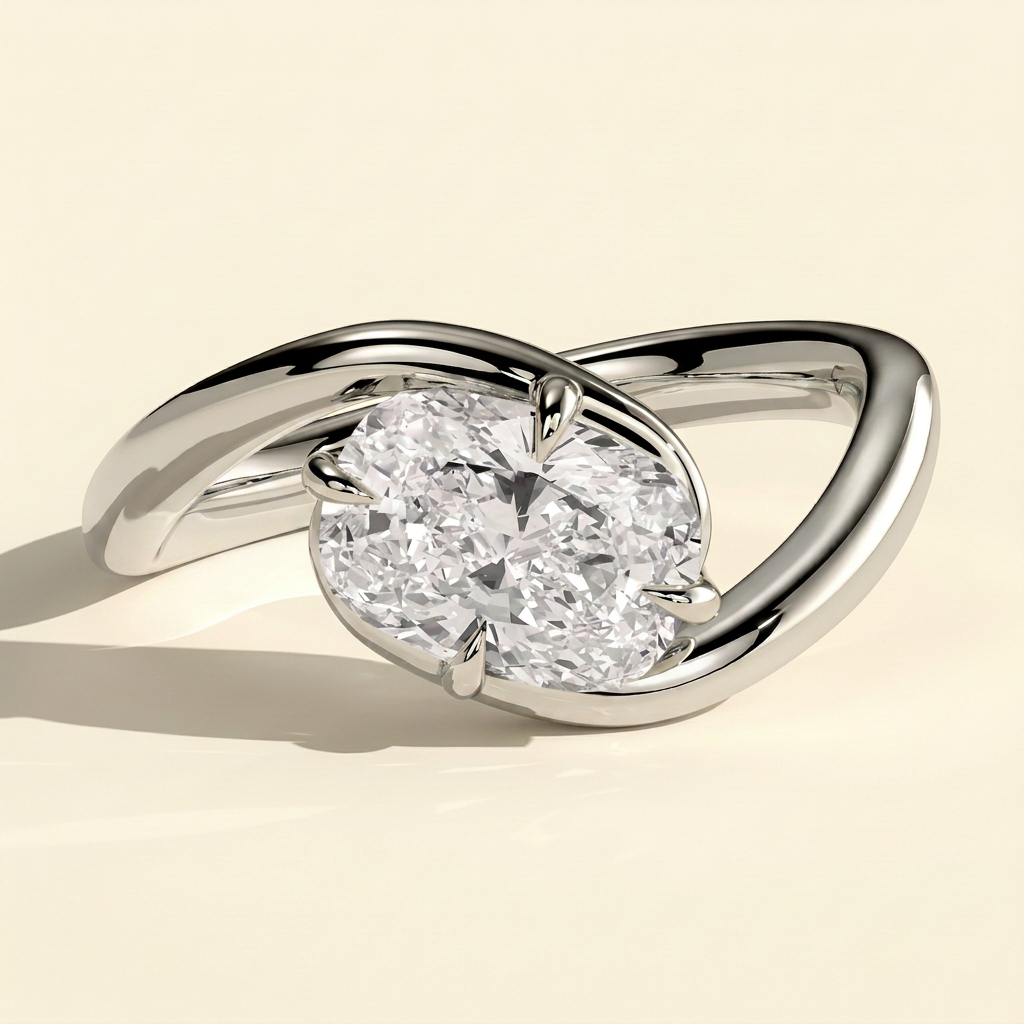 The Fleura - Elongated Cushion Cut Lab Grown Diamond East West Solitaire with Twisting Bypass Band Engagement Ring