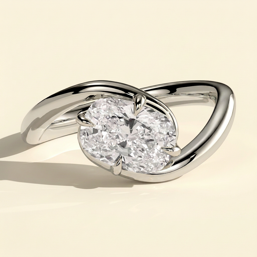 The Fleura - Elongated Cushion Cut Lab Grown Diamond East West Solitaire with Twisting Bypass Band Engagement Ring - White Gold