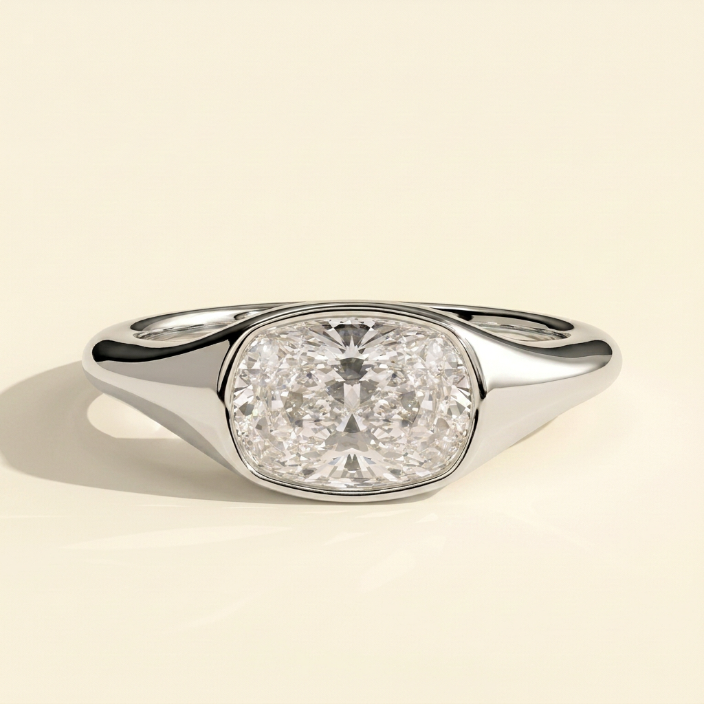 The Xara - Elongated Cushion Cut Lab Grown Diamond East West Bezel Set Solitaire with Signet Band Engagement Ring