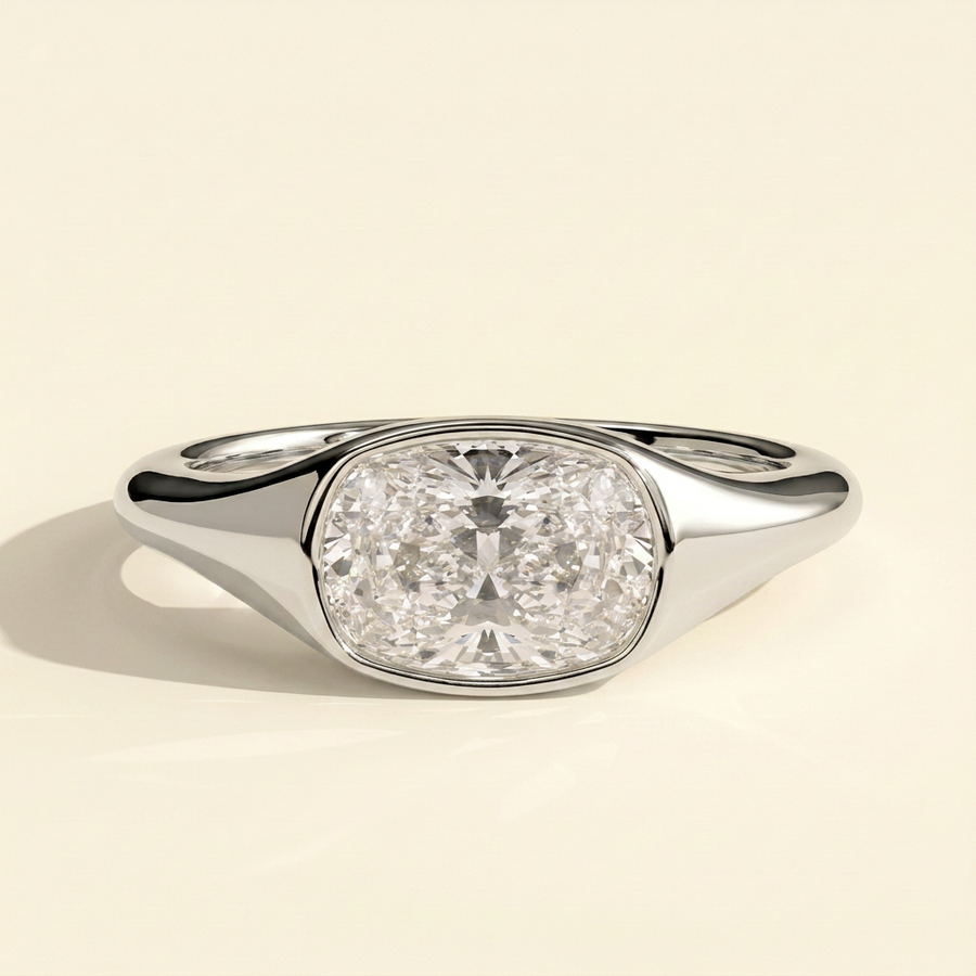 The Xara - Elongated Cushion Cut Lab Grown Diamond East West Bezel Set Solitaire with Signet Band Engagement Ring - White Gold