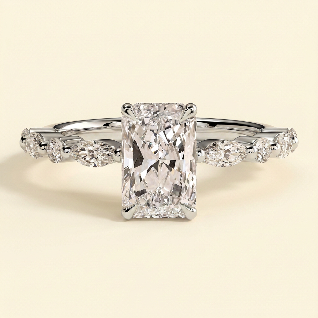 The Hana - Radiant Cut Lab Grown Diamond Hidden Halo Solitaire with Alternating Round and Marquise Accent Band Engagement Ring