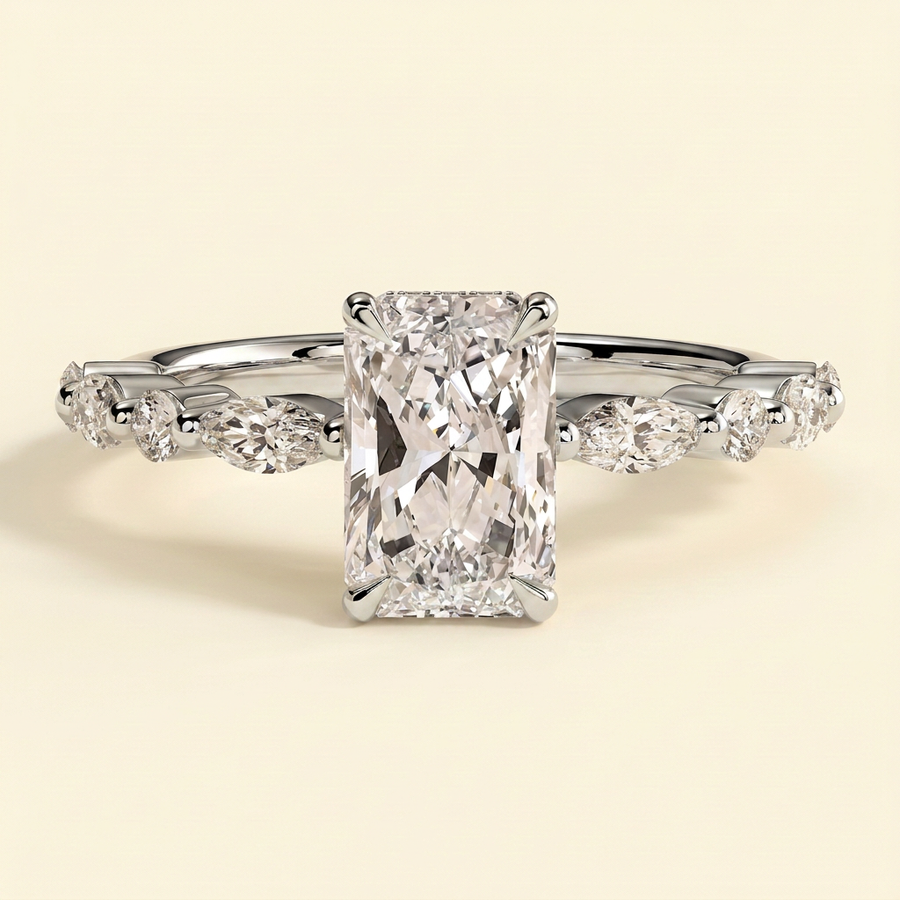 The Hana - Radiant Cut Lab Grown Diamond Hidden Halo Solitaire with Alternating Round and Marquise Accent Band Engagement Ring - White Gold