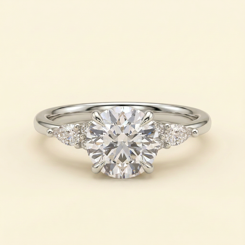 The Clea - Round Cut Lab Grown Diamond Three Stone with Pear Shoulder Stones and Tulip Gallery Engagement Ring