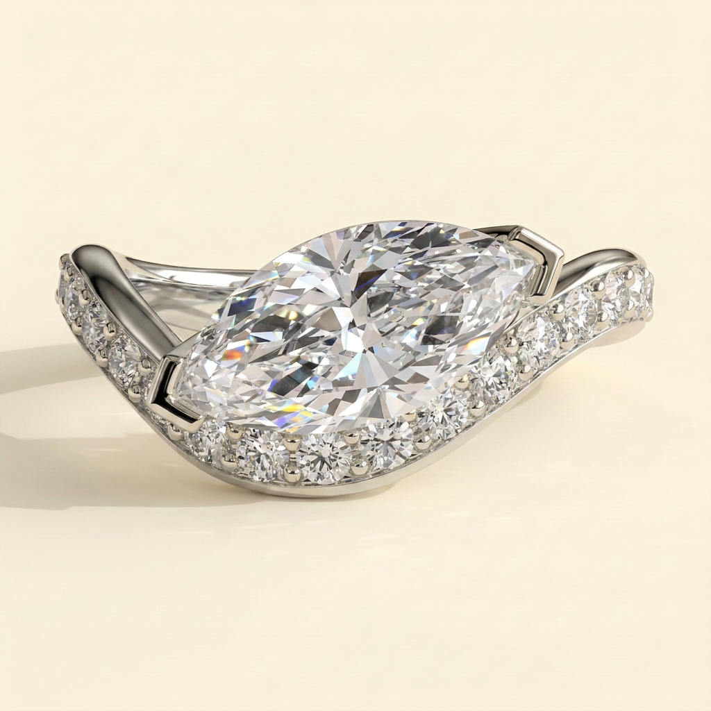 The Inara - Marquise Cut Lab Grown Diamond East West V Tipped Claw with Pave Wave Band Engagement Ring