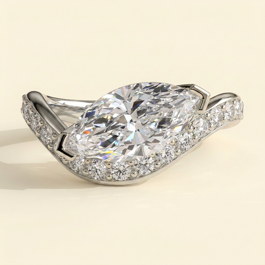 The Inara - Marquise Cut Lab Grown Diamond East West V Tipped Claw with Pave Wave Band Engagement Ring - White Gold