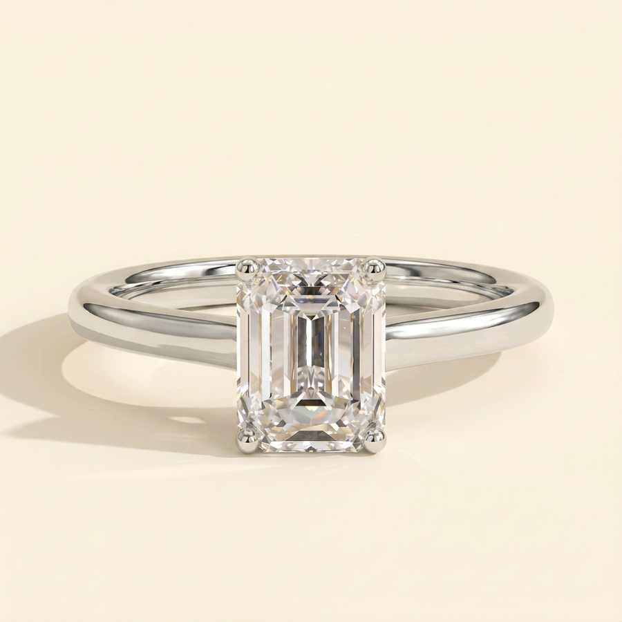 The Delia - Emerald Cut Lab Grown Diamond Four Claw Solitaire with Spiral Gallery Engagement Ring - White Gold