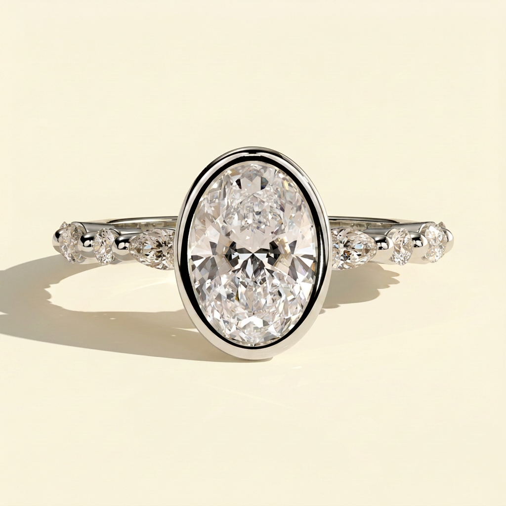The Oona - Oval Cut Lab Diamond Solitaire with Marquise and Round Accent Stones Engagement Ring