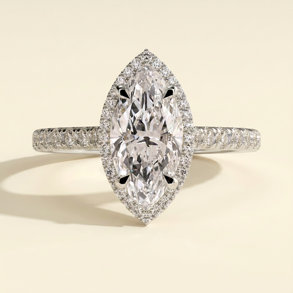 The Theia - Marquise Cut Lab Grown Diamond Eagle Claw Halo with Cathedral Arches and Pave Band Engagement Ring