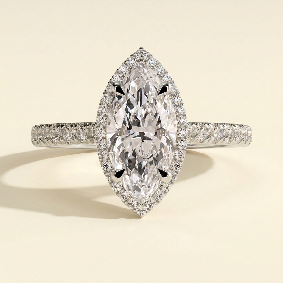 The Theia - Marquise Cut Lab Grown Diamond Eagle Claw Halo with Cathedral Arches and Pave Band Engagement Ring - White Gold