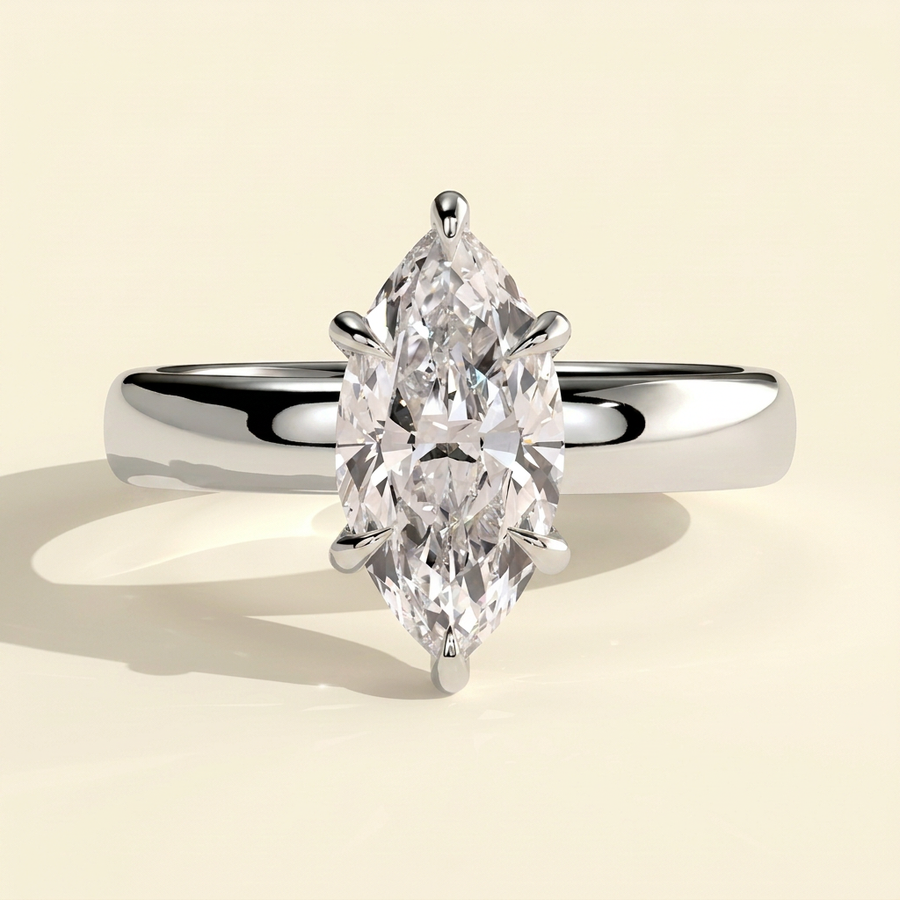 The Liana - Marquise Cut Lab Grown Diamond Hidden Halo Engagement Ring with Cigar Band - White Gold