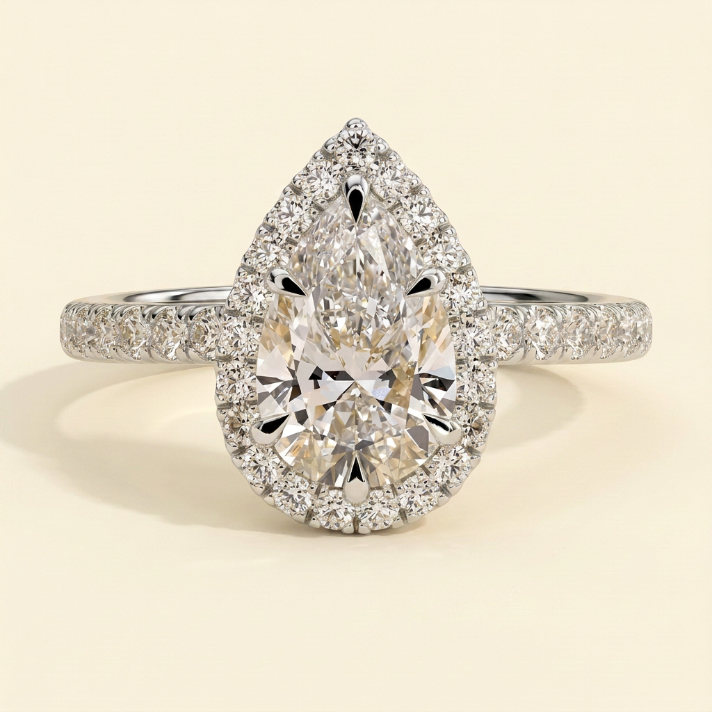 The Calla - Pear Cut Lab Grown Diamond Six Claw Halo Engagement Ring with Pave Band