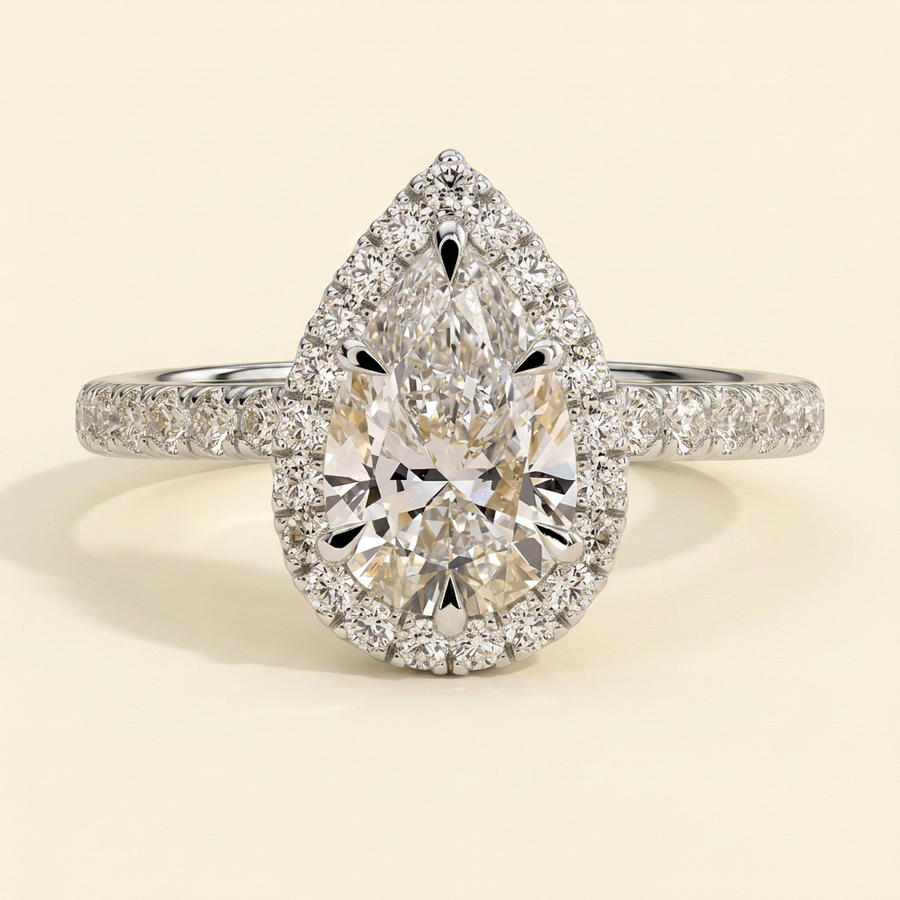 The Calla - Pear Cut Lab Grown Diamond Six Claw Halo Engagement Ring with Pave Band - White Gold
